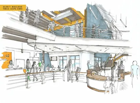 Cape Ann YMCA Hero Interior Renderingof Lobby with Name 2022 12 16 120820 cvjl