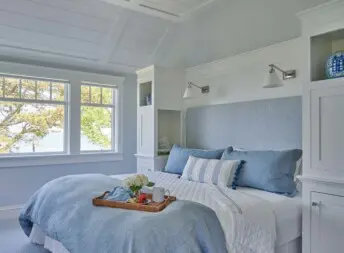 Seaside Elegance Hero Master Bedroom Built In Custom Details Blues Furnishings Natural Light Architecture Interior Design Decor Orleans Cape Cod