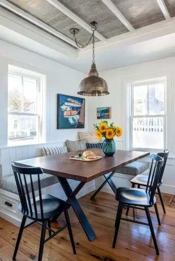 Captains Row Tall Historic Renovation Addition Architecture Interior Design Chatham Cape Cod Home Dining Nook Built In Jeff Soderbergh