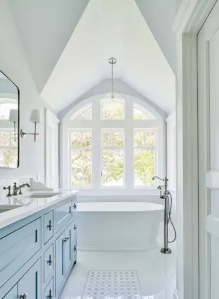 Seaside Elegance Tall Master Bath Soaking Tub Double Vanity Tile Crown Moulding Details Architecture Interior Design Orleans Cape Cod 2022 12 16 124436 feet