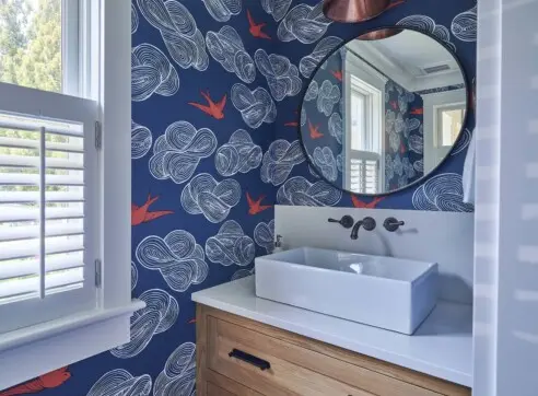 Seaside Elegance Hero Powder Bath Shutters Crown Moulding Wallpaper Architecture Interior Design Decor Orleans Cape Cod 2 2022 12 16 124442 hfrz